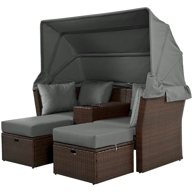 Ensemble canapé-lit convertible deux places pour terrasse avec pare-soleil rétractable, porte-gobelets, coffres de rangement et coussins déperlants.