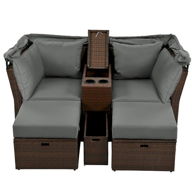 Ensemble canapé-lit convertible deux places pour terrasse avec pare-soleil rétractable, porte-gobelets, coffres de rangement et coussins déperlants.