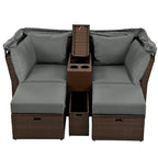 Ensemble canapé-lit convertible deux places pour terrasse avec pare-soleil rétractable, porte-gobelets, coffres de rangement et coussins déperlants.