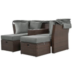 Ensemble canapé-lit convertible deux places pour terrasse avec pare-soleil rétractable, porte-gobelets, coffres de rangement et coussins déperlants.