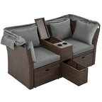 Ensemble canapé-lit convertible deux places pour terrasse avec pare-soleil rétractable, porte-gobelets, coffres de rangement et coussins déperlants.