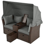 Ensemble canapé-lit convertible deux places pour terrasse avec pare-soleil rétractable, porte-gobelets, coffres de rangement et coussins déperlants.