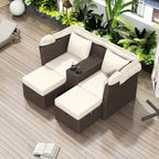 Ensemble canapé-lit convertible deux places pour terrasse avec pare-soleil rétractable, porte-gobelets, coffres de rangement et coussins déperlants.