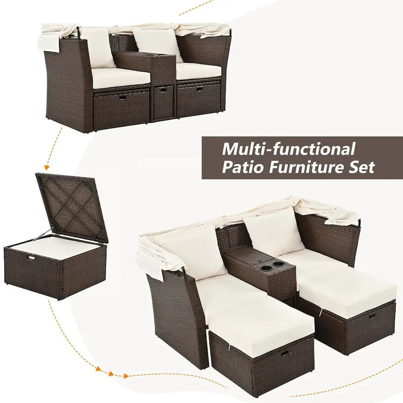 Ensemble canapé-lit convertible deux places pour terrasse avec pare-soleil rétractable, porte-gobelets, coffres de rangement et coussins déperlants.