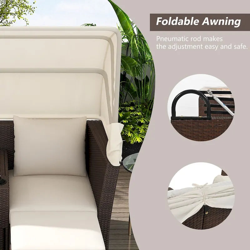 Ensemble canapé-lit convertible deux places pour terrasse avec pare-soleil rétractable, porte-gobelets, coffres de rangement et coussins déperlants.