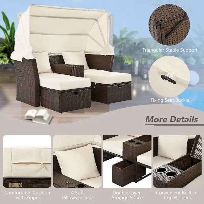 Ensemble canapé-lit convertible deux places pour terrasse avec pare-soleil rétractable, porte-gobelets, coffres de rangement et coussins déperlants.