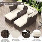 Ensemble canapé-lit convertible deux places pour terrasse avec pare-soleil rétractable, porte-gobelets, coffres de rangement et coussins déperlants.