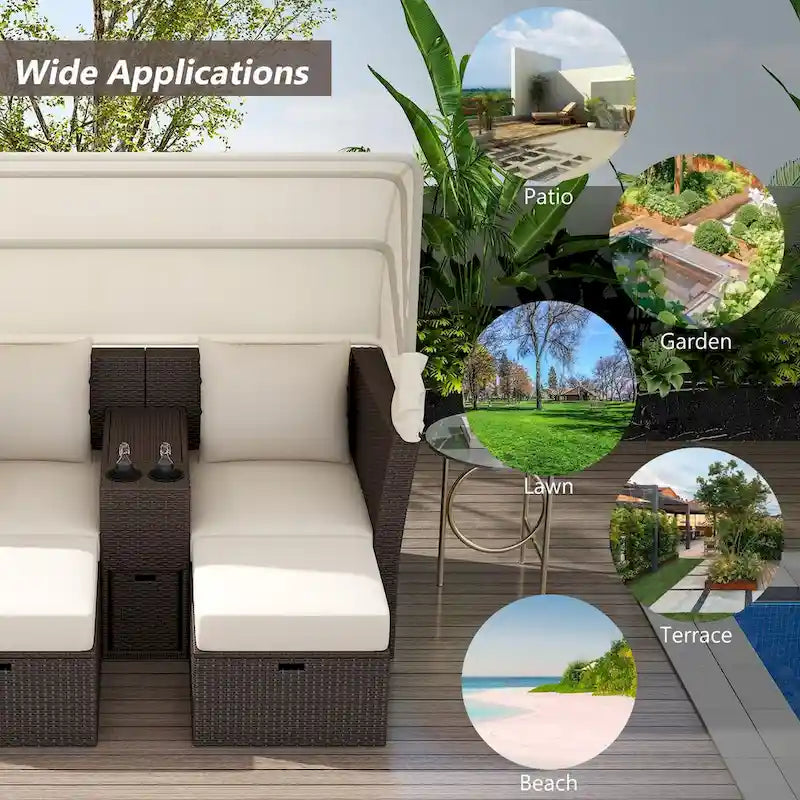 Ensemble canapé-lit convertible deux places pour terrasse avec pare-soleil rétractable, porte-gobelets, coffres de rangement et coussins déperlants.