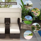 Ensemble canapé-lit convertible deux places pour terrasse avec pare-soleil rétractable, porte-gobelets, coffres de rangement et coussins déperlants.