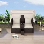 Ensemble canapé-lit convertible deux places pour terrasse avec pare-soleil rétractable, porte-gobelets, coffres de rangement et coussins déperlants.