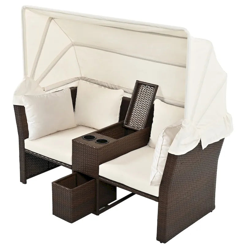 Ensemble canapé-lit convertible deux places pour terrasse avec pare-soleil rétractable, porte-gobelets, coffres de rangement et coussins déperlants.