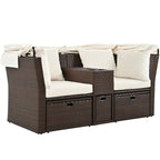 Ensemble canapé-lit convertible deux places pour terrasse avec pare-soleil rétractable, porte-gobelets, coffres de rangement et coussins déperlants.