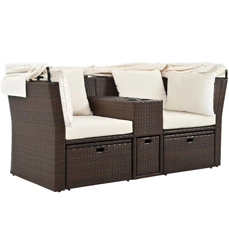 Ensemble canapé-lit convertible deux places pour terrasse avec pare-soleil rétractable, porte-gobelets, coffres de rangement et coussins déperlants.