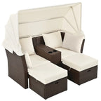 Ensemble canapé-lit convertible deux places pour terrasse avec pare-soleil rétractable, porte-gobelets, coffres de rangement et coussins déperlants.