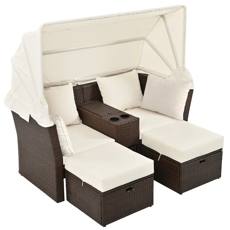 Ensemble canapé-lit convertible deux places pour terrasse avec pare-soleil rétractable, porte-gobelets, coffres de rangement et coussins déperlants.