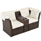 Ensemble canapé-lit convertible deux places pour terrasse avec pare-soleil rétractable, porte-gobelets, coffres de rangement et coussins déperlants.