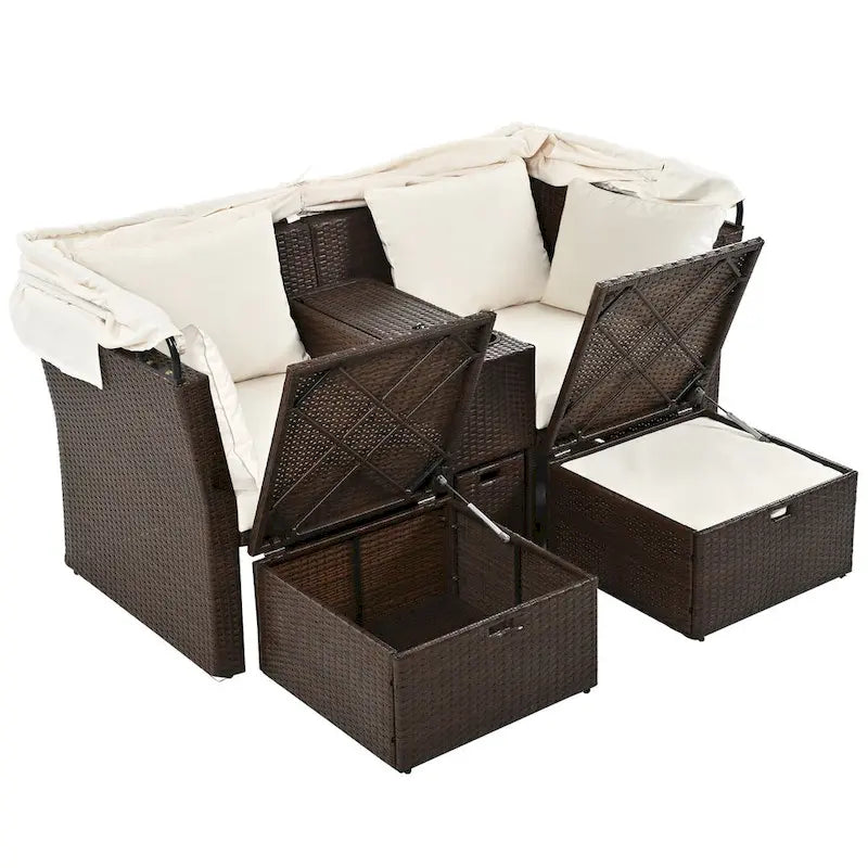 Ensemble canapé-lit convertible deux places pour terrasse avec pare-soleil rétractable, porte-gobelets, coffres de rangement et coussins déperlants.