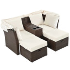 Ensemble canapé-lit convertible deux places pour terrasse avec pare-soleil rétractable, porte-gobelets, coffres de rangement et coussins déperlants.
