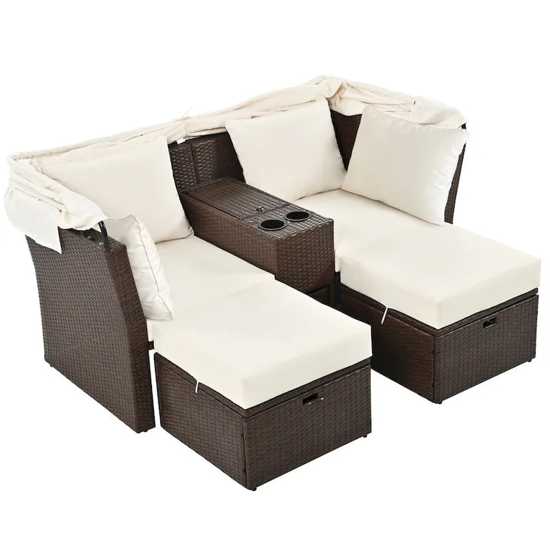 Ensemble canapé-lit convertible deux places pour terrasse avec pare-soleil rétractable, porte-gobelets, coffres de rangement et coussins déperlants.