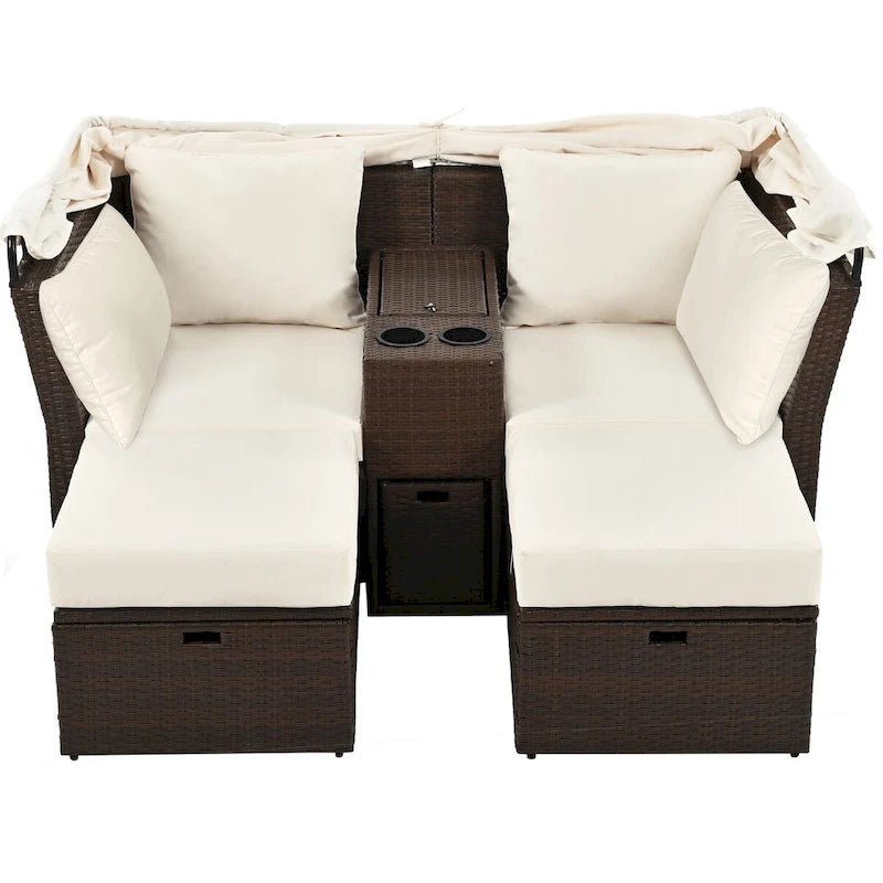 Ensemble canapé-lit convertible deux places pour terrasse avec pare-soleil rétractable, porte-gobelets, coffres de rangement et coussins déperlants.
