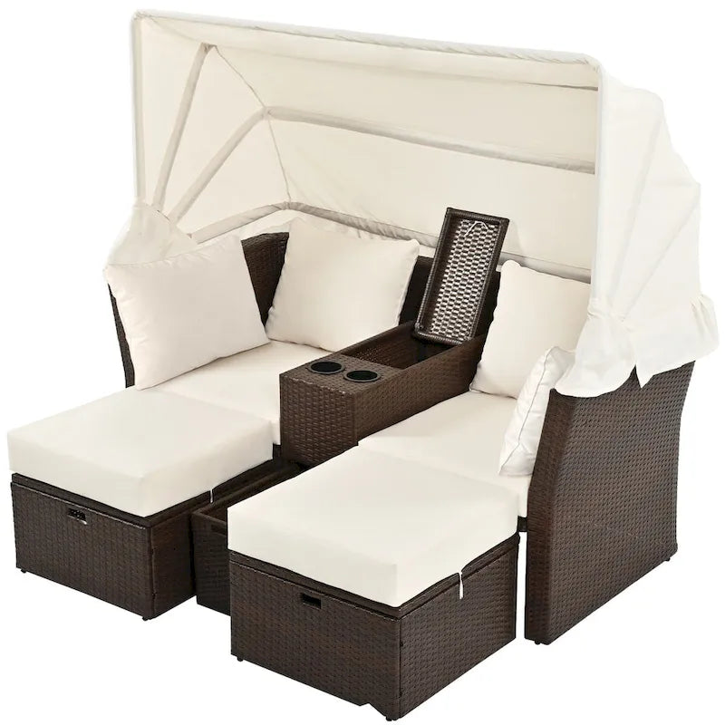 Ensemble canapé-lit convertible deux places pour terrasse avec pare-soleil rétractable, porte-gobelets, coffres de rangement et coussins déperlants.