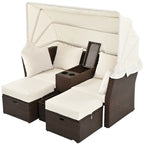 Ensemble canapé-lit convertible deux places pour terrasse avec pare-soleil rétractable, porte-gobelets, coffres de rangement et coussins déperlants.