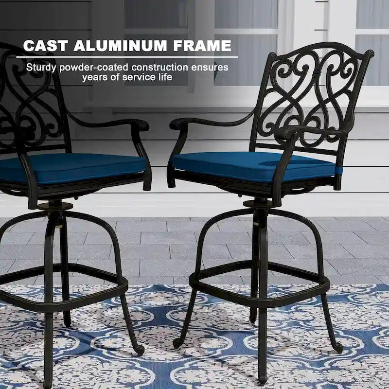 Tabouret d'extérieur en aluminium moulé avec coussin (lot de 2)