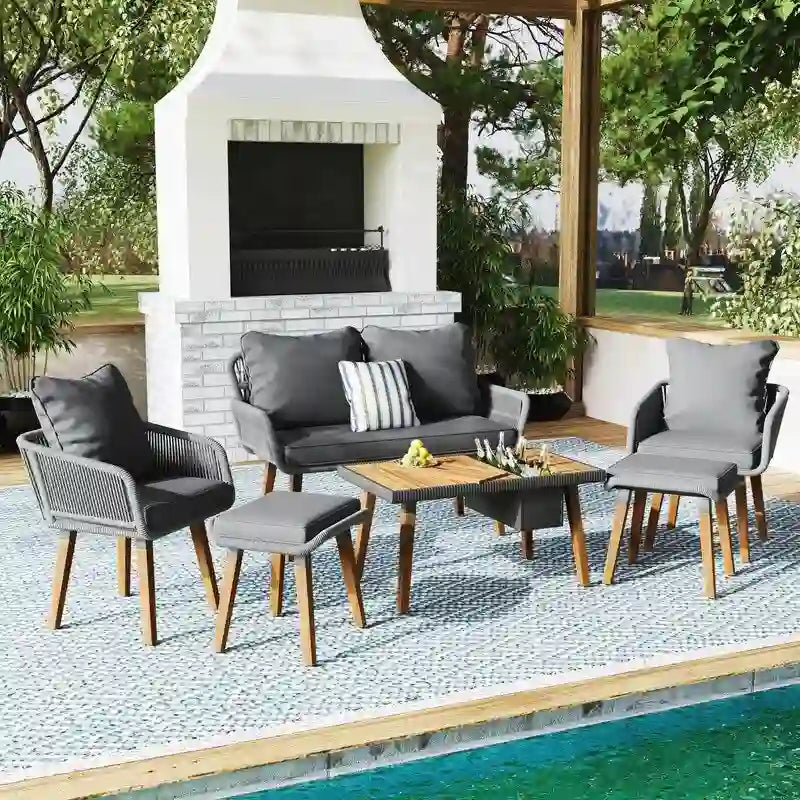 Ensemble de mobilier de patio en corde 6 pièces avec table de bar élégante en bois d'acacia