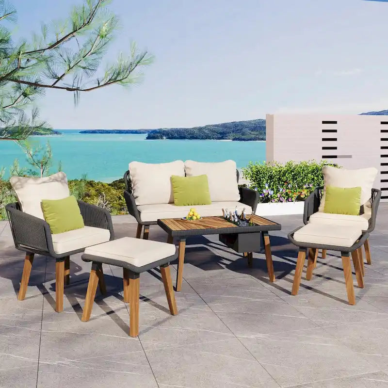 Ensemble de mobilier de patio en corde 6 pièces avec table de bar élégante en bois d'acacia