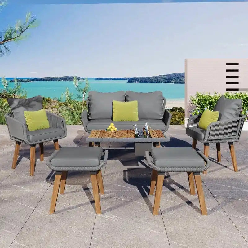Ensemble de mobilier de patio en corde 6 pièces avec table de bar élégante en bois d'acacia