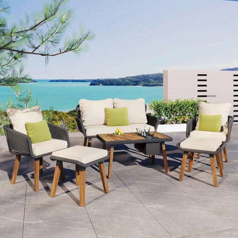 Ensemble de mobilier de patio en corde 6 pièces avec table de bar élégante en bois d'acacia