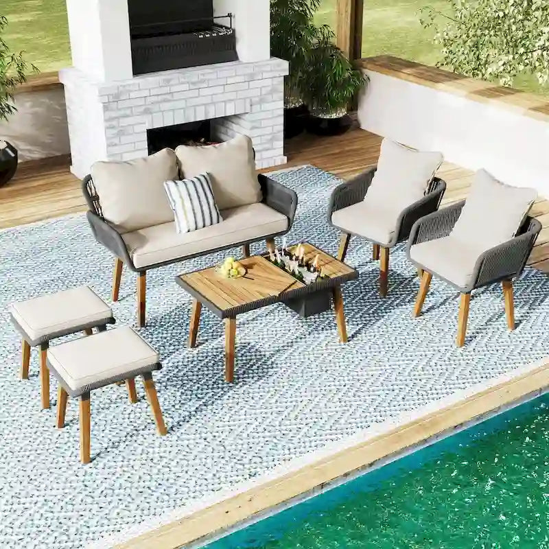 Ensemble de mobilier de patio en corde 6 pièces avec table de bar élégante en bois d'acacia