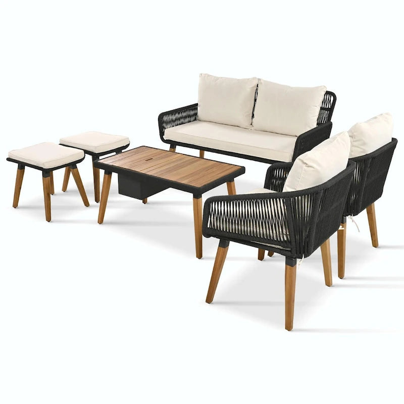 Ensemble de mobilier de patio en corde 6 pièces avec table de bar élégante en bois d'acacia