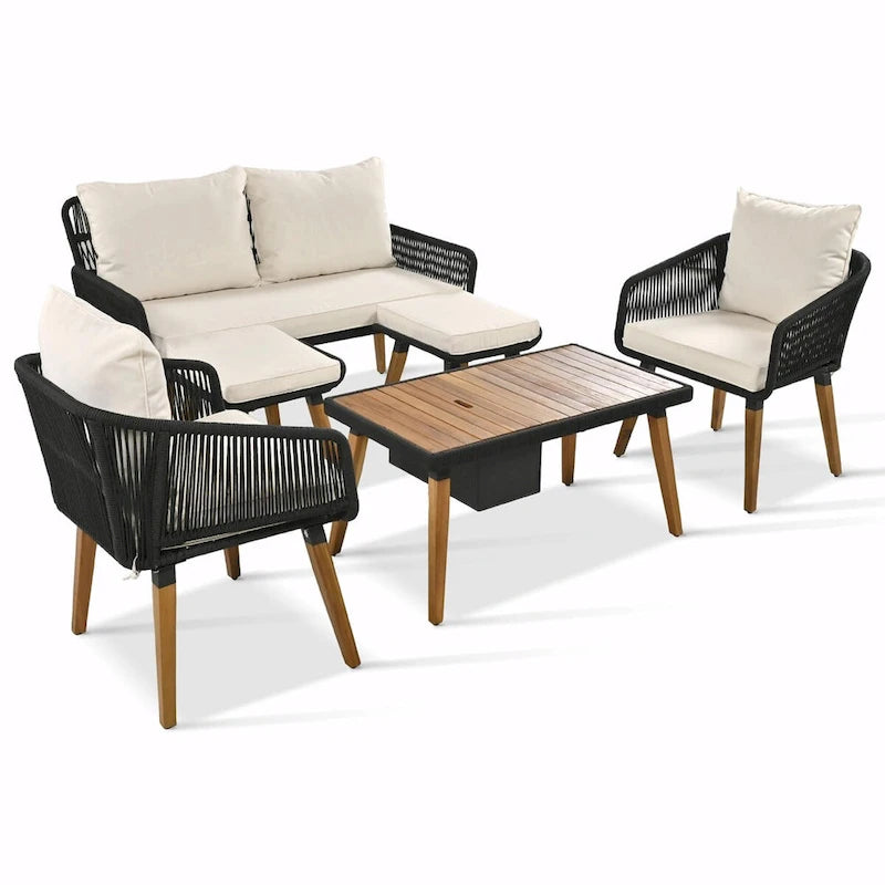 Ensemble de mobilier de patio en corde 6 pièces avec table de bar élégante en bois d'acacia