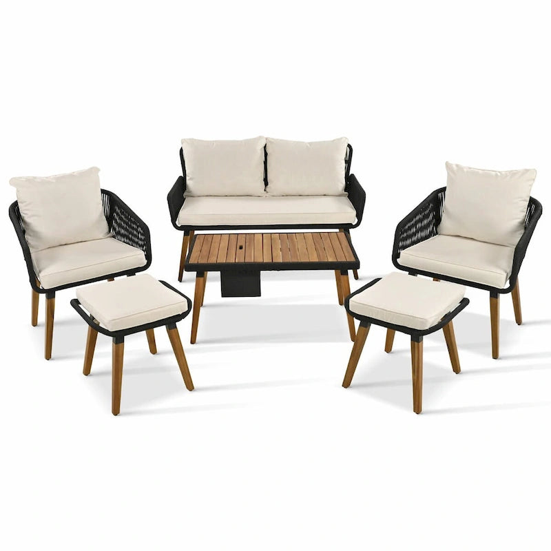 Ensemble de mobilier de patio en corde 6 pièces avec table de bar élégante en bois d'acacia