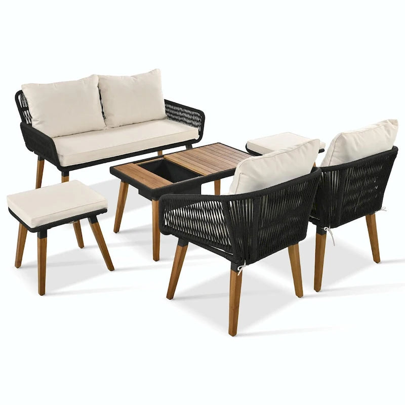 Ensemble de mobilier de patio en corde 6 pièces avec table de bar élégante en bois d'acacia