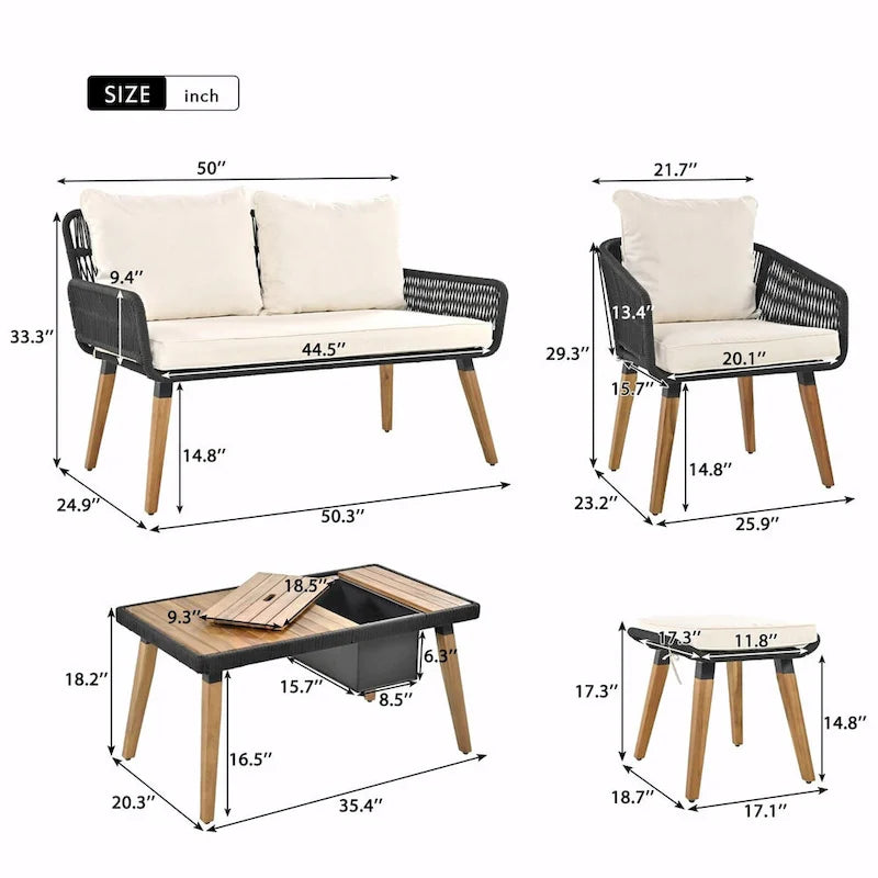 Ensemble de mobilier de patio en corde 6 pièces avec table de bar élégante en bois d'acacia