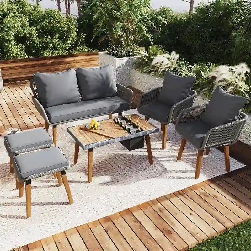 Ensemble de mobilier de patio en corde 6 pièces avec table de bar élégante en bois d'acacia