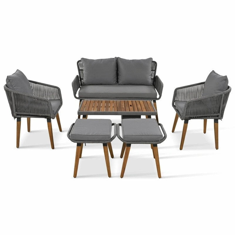 Ensemble de mobilier de patio en corde 6 pièces avec table de bar élégante en bois d'acacia