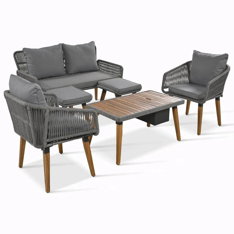 Ensemble de mobilier de patio en corde 6 pièces avec table de bar élégante en bois d'acacia
