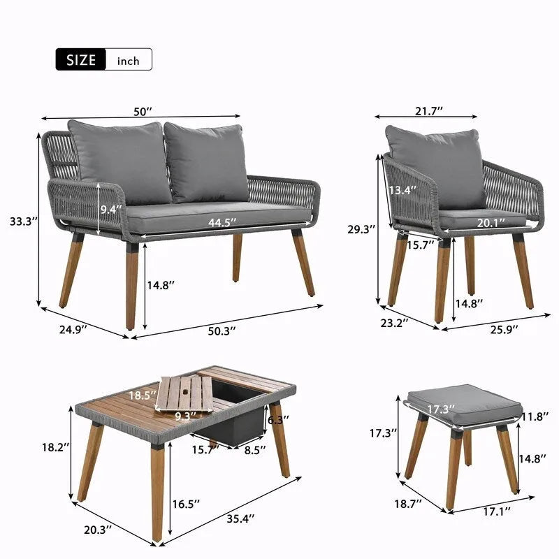 Ensemble de mobilier de patio en corde 6 pièces avec table de bar élégante en bois d'acacia