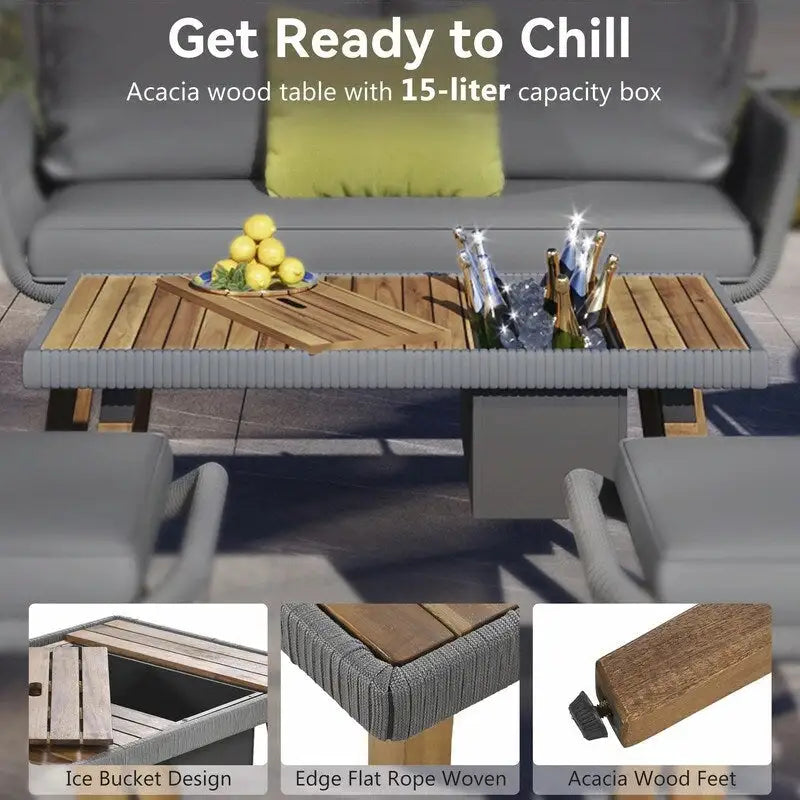 Ensemble de mobilier de patio en corde 6 pièces avec table de bar élégante en bois d'acacia