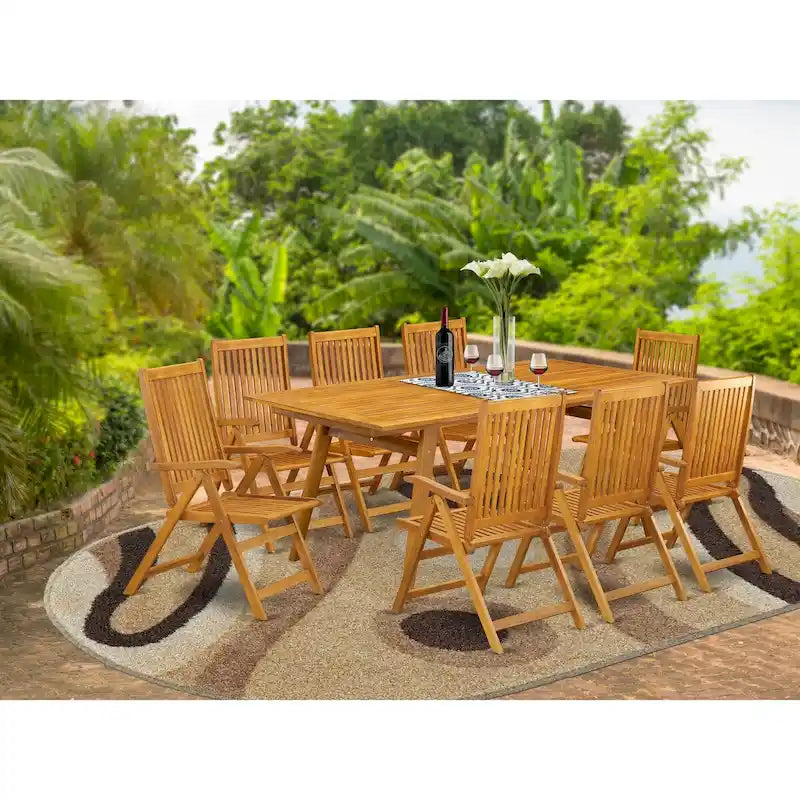 Ensemble de salle à manger d'extérieur - Chaises à dossier haut à lattes et table rectangulaire à 4 pieds en bois - Finition huile naturelle (Option pièces)