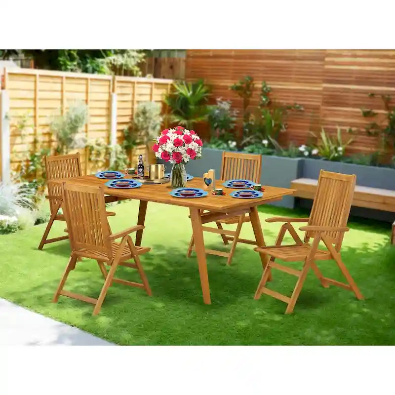 Ensemble de salle à manger d'extérieur - Chaises à dossier haut à lattes et table rectangulaire à 4 pieds en bois - Finition huile naturelle (Option pièces)