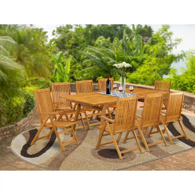 Ensemble de salle à manger d'extérieur - Chaises à dossier haut à lattes et table rectangulaire à 4 pieds en bois - Finition huile naturelle (Option pièces)
