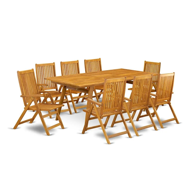 Ensemble de salle à manger d'extérieur - Chaises à dossier haut à lattes et table rectangulaire à 4 pieds en bois - Finition huile naturelle (Option pièces)
