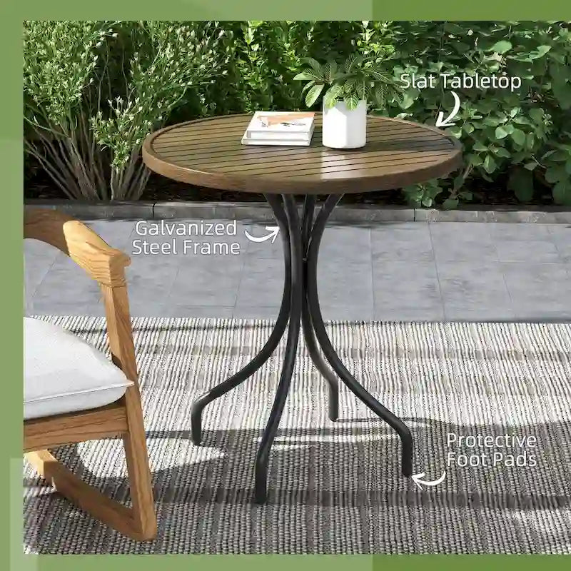 Table d'appoint d'extérieur, table basse ronde de patio avec structure en acier et plateau à lattes