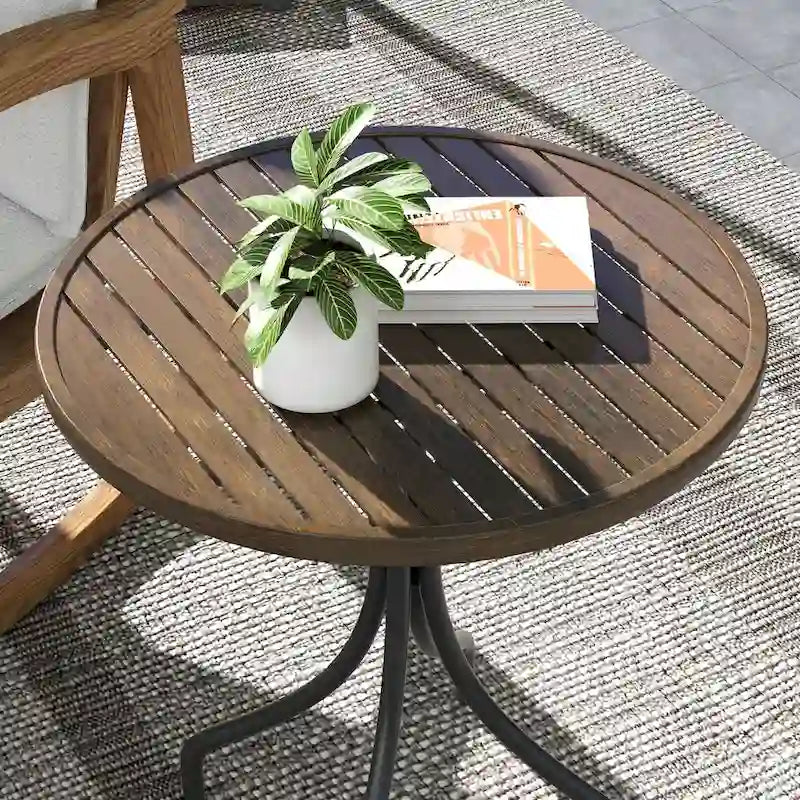 Table d'appoint d'extérieur, table basse ronde de patio avec structure en acier et plateau à lattes