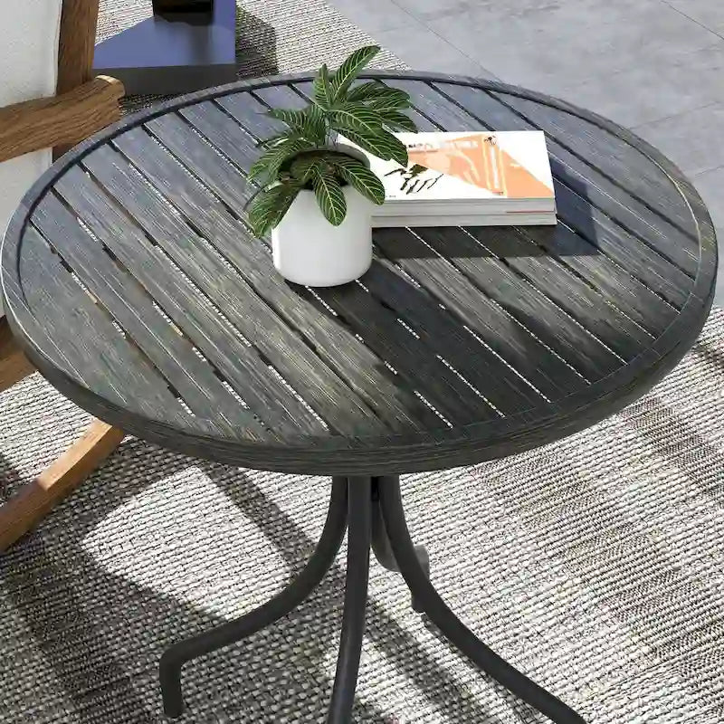 Table d'appoint d'extérieur, table basse ronde de patio avec structure en acier et plateau à lattes