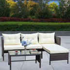 Canapé d'angle 3 pièces en rotin tressé pour terrasse avec coussins